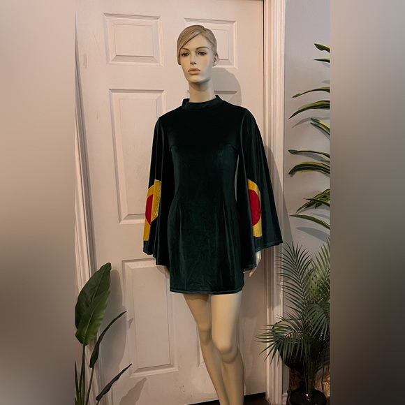 Dresses Custom Velvet Dark Forest Green Dress Bell Sleeves Moth Dress